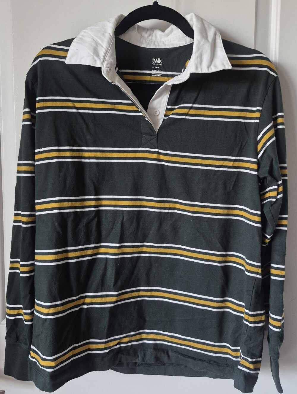 Simons Twik Brand Green, White & Yellow Striped Rugby Polo